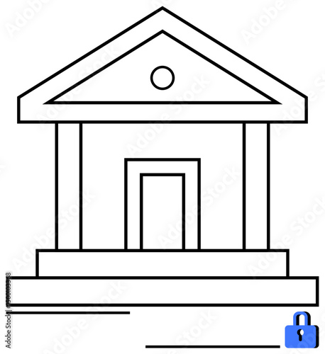Classic bank structure with pillars and door complemented by a lock, symbolizing security and trust. Ideal for banking, cybersecurity, trust, protection, finance, compliance, flat simple metaphor