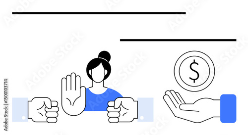 Woman raising hand to refuse money while hands present coin and offer. Ideal for ethics, negotiation, leadership, empowerment, financial boundaries, personal decisions, simple landing page
