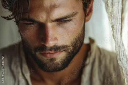 Close-up portrait of a brooding man with a beard, gazing downward near a sheer curtain.