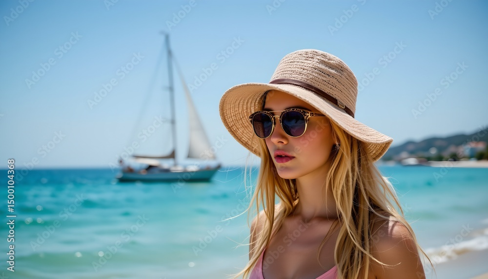 Beautiful Blond Woman in Summer Hat and Sunglasses at the Beach Yacht in Background Beautiful Blond Woman in Summer Hat and Sunglasses at the Beach Yacht in Background