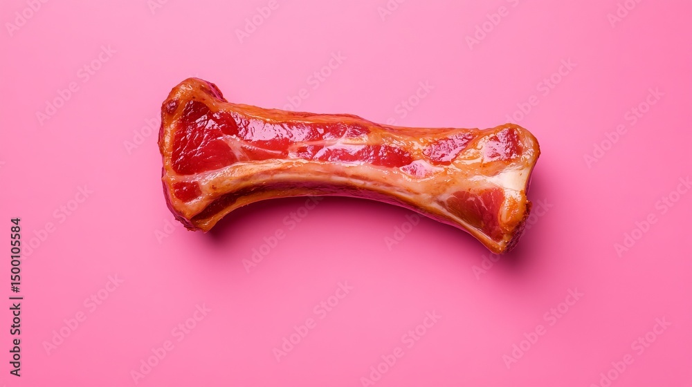 Fototapeta premium Piece of bacon lies centered on a solid bright pink background, showing its marbled texture and cooked edge.