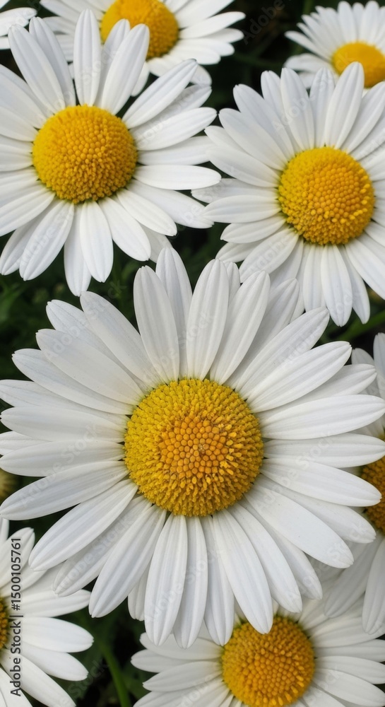 Fototapeta premium White daisy flower in full bloom, with vibrant yellow center and delicate white petals radiating outward. Captured in natural sunlight with a soft green blurred background, this image highlights the b