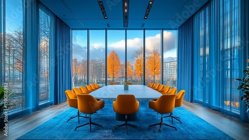 Modern conference room interior with large windows and autumn park views, blue and orange hues