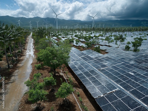 Aerial Renewable Energy Landscape - Solar Farm and Wind Turbines Integrated with Fruit Bushes and Mountainous Cloudscape (Ultra-Wide Detail Rendering) photo
