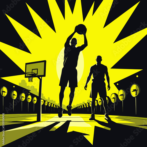 Basketball player shooting the ball against a bright yellow background  
