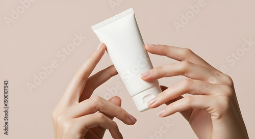 Hands holding white tube cream product for mockup