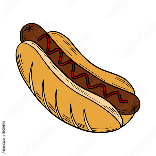 Classic hot dog American cuisine street food. Delicious bun with tasty sausage and mustard or ketchup on top.  Appetizer barbecue outline art