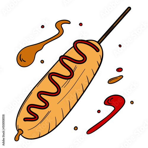 Classic corn dog American cuisine street food. Delicious with ketchup and mustard.  Appetizer barbecue outline art