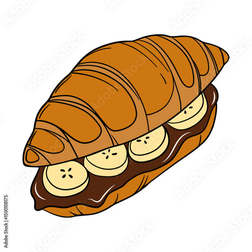 Fresh bakery croissant. Sweet morning french cuisine breakfast. Baked Croissant bakery menu with chocolate and bananas. Fresh dessert and chocolate sauce. Appetizing and delicious outline art