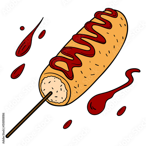 Classic corn dog American cuisine street food. Delicious with ketchup and mustard.  Appetizer barbecue outline art
