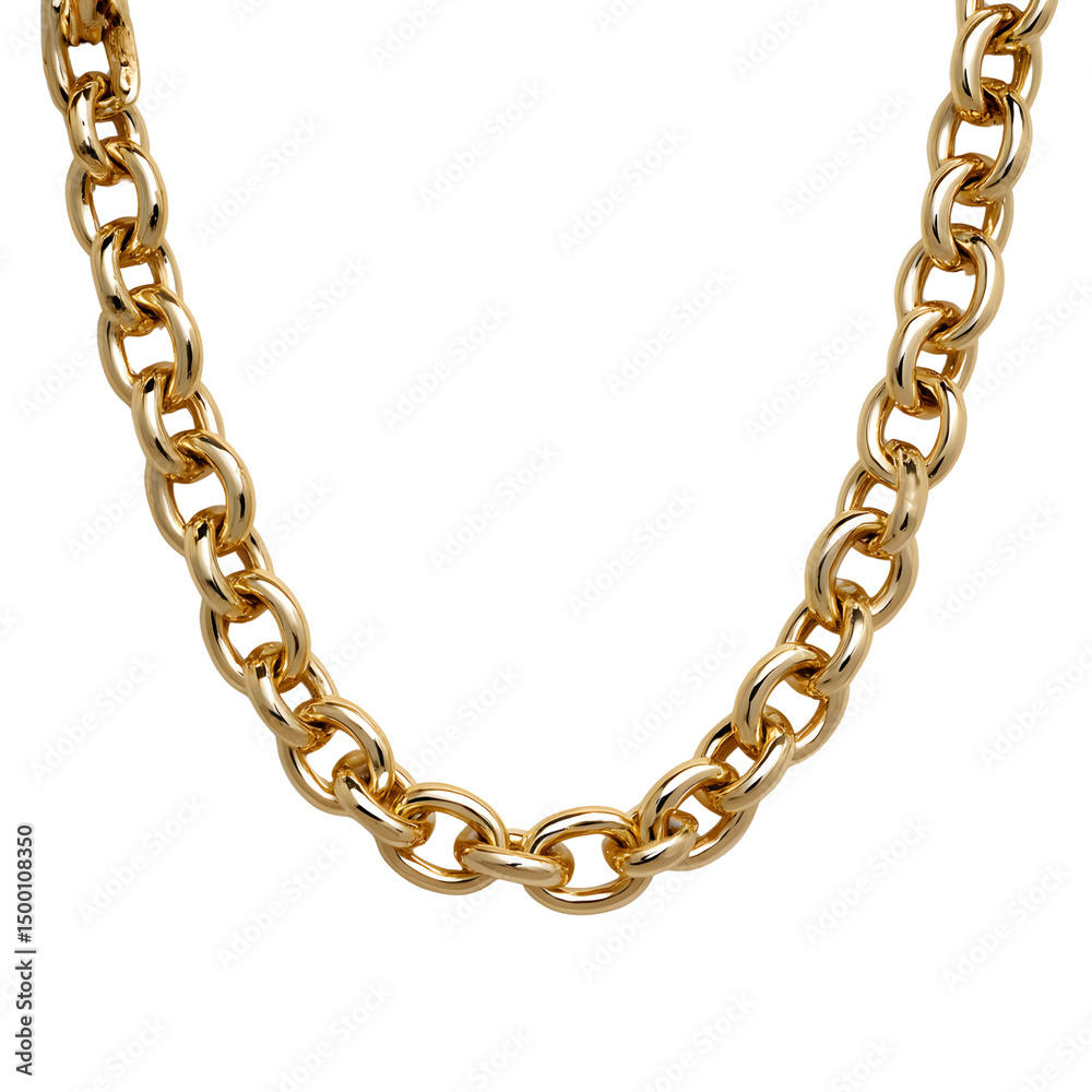 Obraz premium Close up of a gold chain necklace featuring interlocking oval links against a transparent background, showcasing its elegant design and luxurious appeal