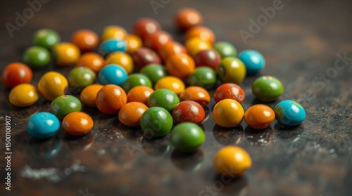 Colorful candy-coated chocolate drops scattered on a smooth surface, vibrant lighting, realistic photography style, no text, isolated, commercial food presentation