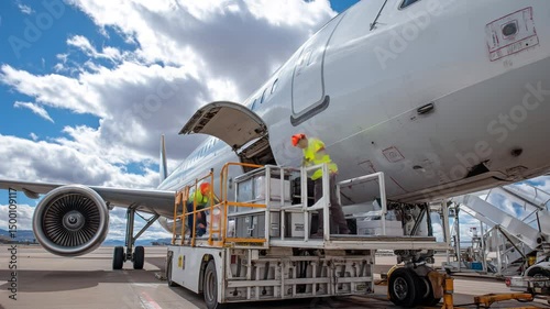 Ground crew members working efficiently, carefully loading luggage and cargo containers into passenger airplane hold during daytime airport operations