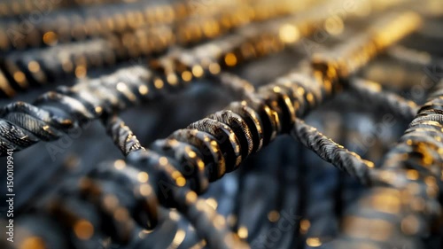 Close-up of intertwined steel rebar with a shiny surface. The image captures the texture and details of the metal, reflecting light in a construction setting.