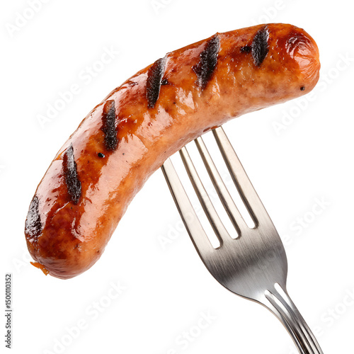 Juicy grilled sausage with charred marks on metal fork, isolated on transparent background, bbq food, smoky flavor, meat snack, protein meal