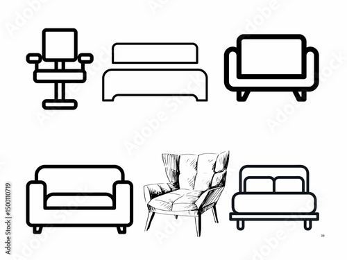 set of furniture icons isolated on white background.