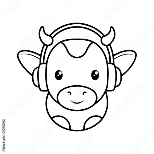 Baby Cow Head with Headphones Line Art Vector