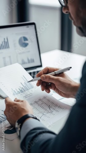 A person examines graphs and charts on printed reports while using a laptop, engaged in a detailed analysis of business performance metrics in a contemporary office environment