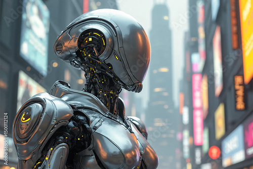 Humanoid faceless metal robot close-up in city background