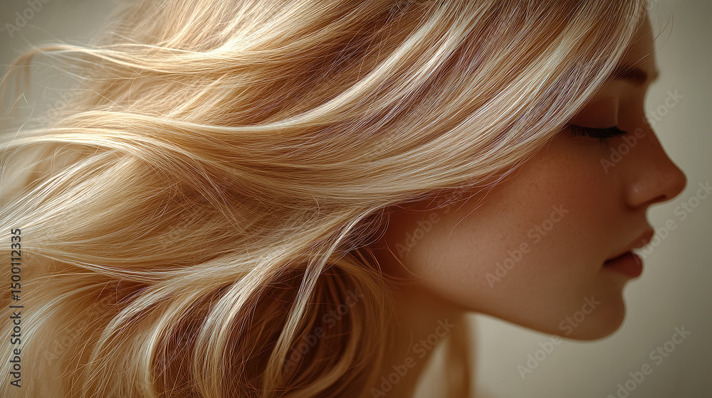 Profile view of a young woman with flowing blonde hair in soft light highlighting her serene expression Profile view of a young woman with flowing blonde hair in soft light highlighting her serene expression