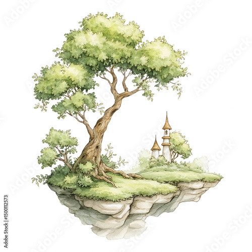 A watercolor illustration of a floating island with a tree and castle tower.