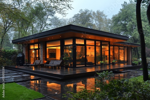 Modern Dwelling Illuminated by Warm Light Amidst a Serene Rain-Soaked Garden, Showcasing Nature and Architecture in Harmony During Twilight Hours