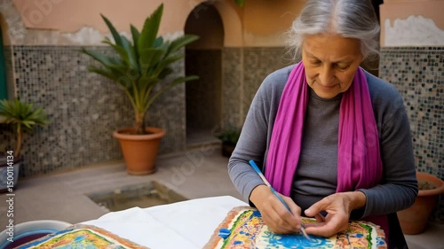 Senior woman painting intricate designs on tiles in a Moroccan courtyard, embracing her artistic passion and cultural heritage. 