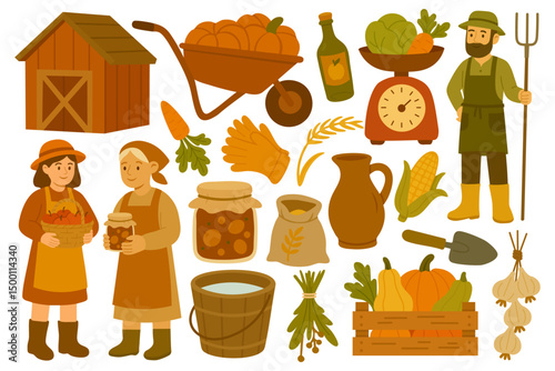 Colorful cartoon set of harvest tools, vegetables, farmers and rural autumn elements for seasonal design.