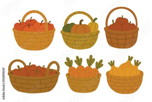 Six cartoon baskets with pumpkins, apples, carrots and onions in cozy autumn colors.
