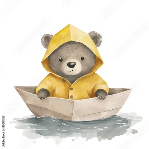 Cute bear wearing a yellow raincoat sitting in a paper boat on water while enjoying a calm and cheerful atmosphere