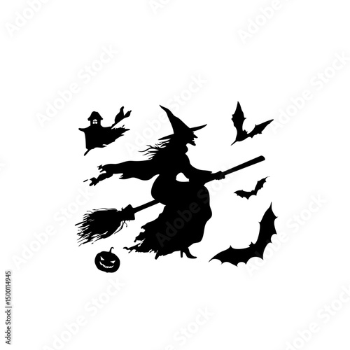 Ultra-Realistic Witch Silhouette Set - Flying Broomstick & Halloween Vector Pack