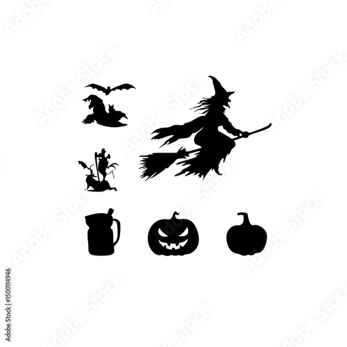 Ultra-Realistic Witch Silhouette Set - Flying Broomstick & Halloween Vector Pack