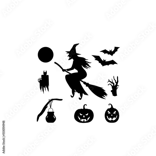 Ultra-Realistic Witch Silhouette Set - Flying Broomstick & Halloween Vector Pack