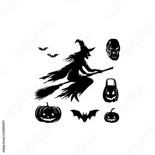 Ultra-Realistic Witch Silhouette Set - Flying Broomstick & Halloween Vector Pack