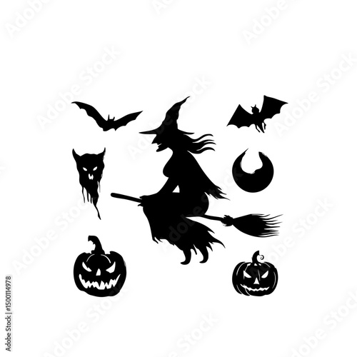 Ultra-Realistic Witch Silhouette Set - Flying Broomstick & Halloween Vector Pack