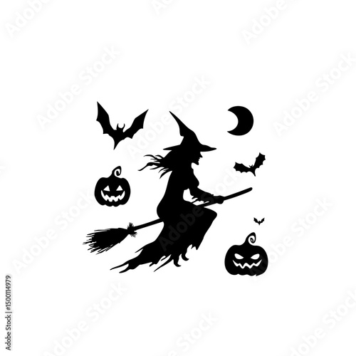 Ultra-Realistic Witch Silhouette Set - Flying Broomstick & Halloween Vector Pack