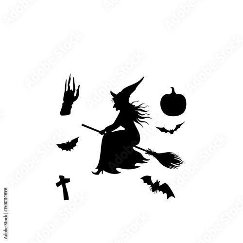 Ultra-Realistic Witch Silhouette Set - Flying Broomstick & Halloween Vector Pack
