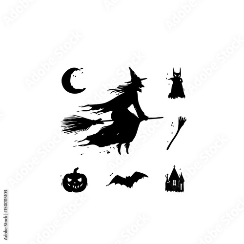 Ultra-Realistic Witch Silhouette Set - Flying Broomstick & Halloween Vector Pack