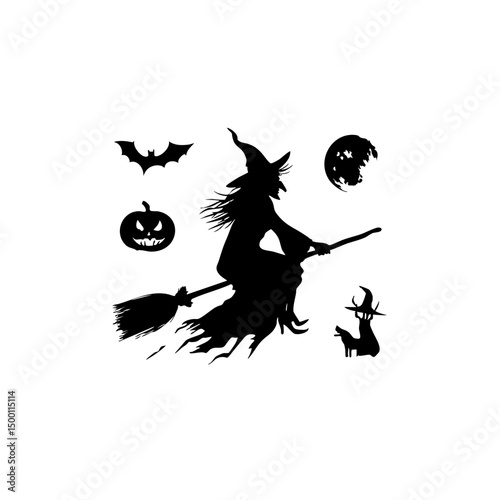Ultra-Realistic Witch Silhouette Set - Flying Broomstick & Halloween Vector Pack