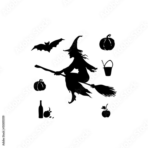 Ultra-Realistic Witch Silhouette Set - Flying Broomstick & Halloween Vector Pack