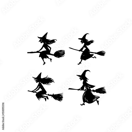 Ultra-Realistic Witch Silhouette Set - Flying Broomstick & Halloween Vector Pack