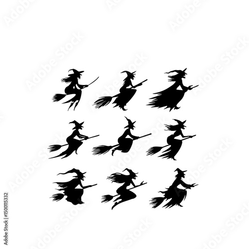Ultra-Realistic Witch Silhouette Set - Flying Broomstick & Halloween Vector Pack