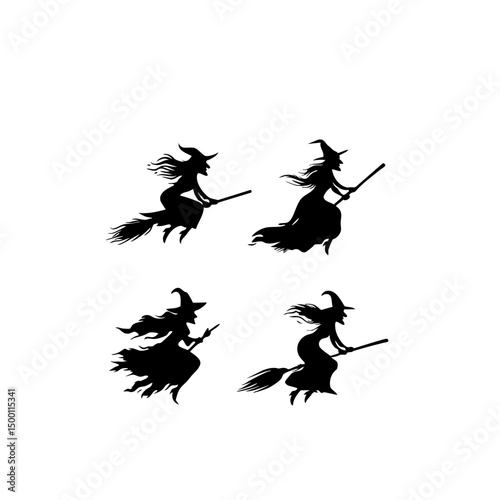 Ultra-Realistic Witch Silhouette Set - Flying Broomstick & Halloween Vector Pack