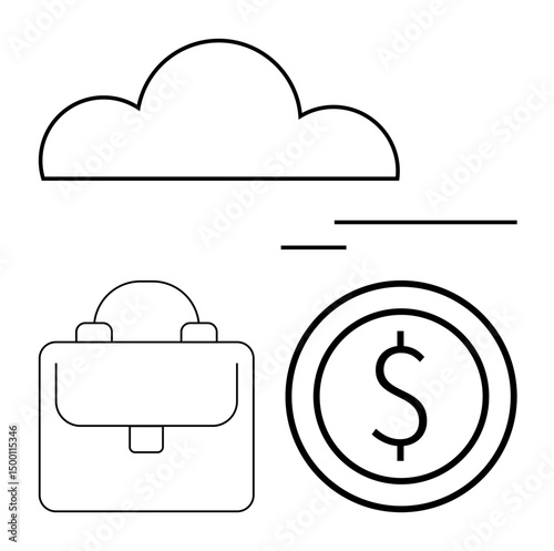 Minimalist design featuring a cloud, briefcase, and dollar coin, evoking business, cloud computing, finance, and innovation. Ideal for business, finance technology investment data storage