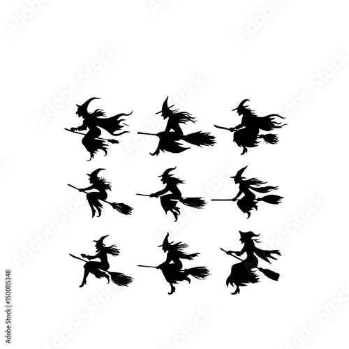Ultra-Realistic Witch Silhouette Set - Flying Broomstick & Halloween Vector Pack
