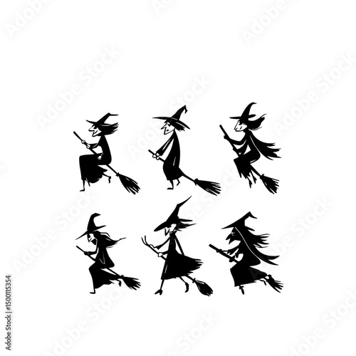 Ultra-Realistic Witch Silhouette Set - Flying Broomstick & Halloween Vector Pack