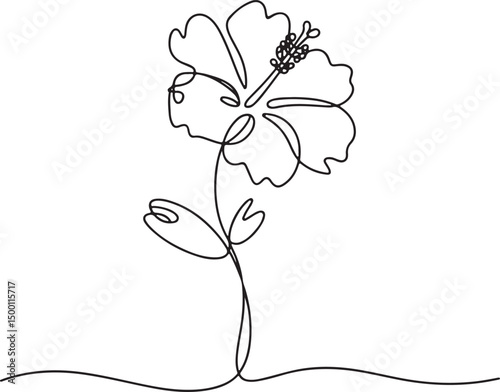Continuous one line art of hibiscus flower, elegant minimalist floral vector with delicate petals and clean black outline

