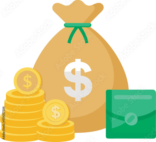  A vector of a shiny golden bag filled with coins symbolizes wealth and prosperity, featuring a dollar sign on the front. This evokes feelings of abundance and financial success on white