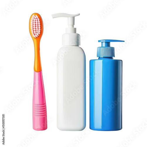 3d colorful toothbrush and soap dispensers isolated on white background