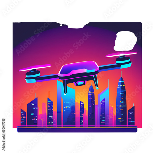 Futuristic drone delivery 3D icon with parcel box, minimal isometric style, tech-inspired logistics design. Modern digital vector element isolated on transparent background
